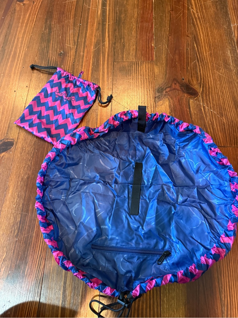 Drawstring Makeup/Accessory Bag - Blue with Pink Chevron Trim